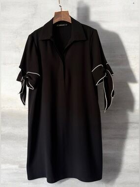 Zara Black Button Dress with Tie Sleeves